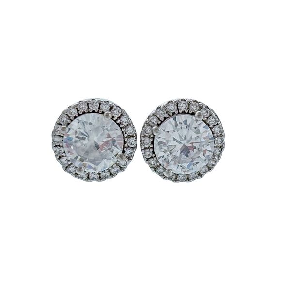 Sterling Silver 925 8mm Daisy Frame Round Cubic Zirconia Stud Post Earrings - Picture 1 of 6